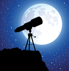 vector telescope, moon and stars. astronomy instrument for science discovery. flat symbol of telescope to watch stars and moon