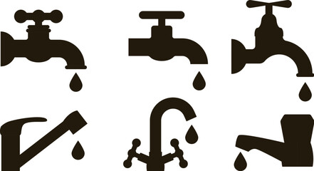 vector water tap icons isolated on white background. symbol of water drop from the tap. leaky water faucet illustration. types of water taps