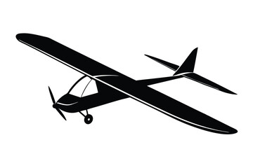 Side view of a black glider plane silhouette against a white background