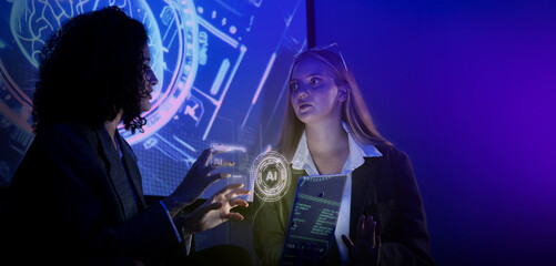 Ai using. Business team using technology artificial intelligence with digital Ai assistant. Futuristic innovation AI technology collaboration and biz ideas for future. Business Tech Startup meeting.