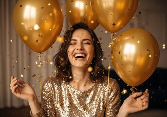 A joyful young woman laughs heartily, surrounded by golden balloons and falling confetti, celebrating a special occasion with infectious happiness and a sparkling outfit