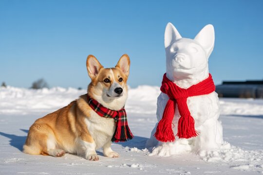Corgi dog winter snow outdoor pet animal scarf canine friend companion puppy fun