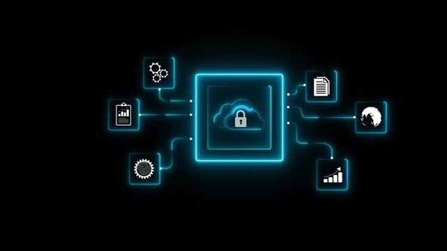Digital security interacts with a virtual interface displaying digital document icons, highlighting secure data access technology. Motion graphics of cloud lock security concept.