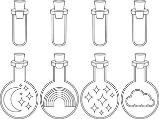 Set of stylized potion bottles with whimsical celestial and magical elements.