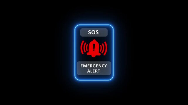 Digital activates an emergency alert on a smartphone, displaying an SOS warning with red alert icons animation on a dark background. 4k