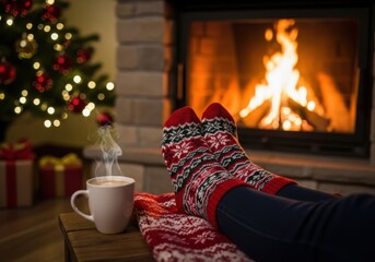 Cozy christmas scene with a persons feet in festive socks warming by a fireplace, holding a steaming mug of hot chocolate next to a decorated christmas tree