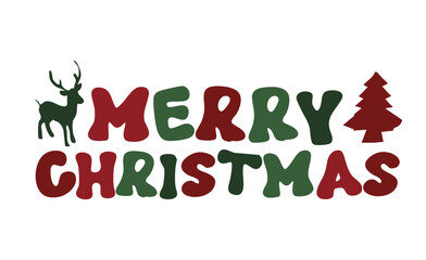 Red green color Merry christmas text lettering inscription typography illustration with reindeer christmas tree sign symbol isolated clipart on transparent background, digital art graphic artwork 