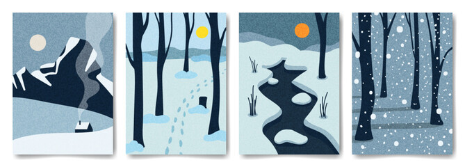Set of winter landscapes. Mountains, stream and forest. Flat vector illustration.