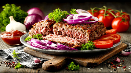 Homemade baked meatloaf sliced on a plate, garnished with red onion and parsley on a rustic wooden board.