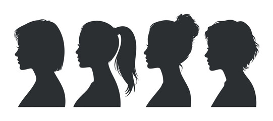 Set of Women Silhouettes with Different Hairstyles Vector Collection in Side View on Transparent Background Illustration
