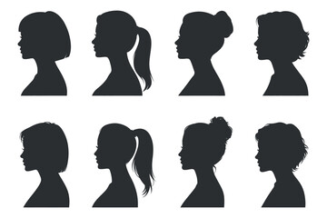 Diverse Set of Woman and Female Silhouette Vector Collection with Different Hairstyles on Transparent Backdrop Graphic Illustration