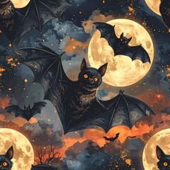 Halloween Night - Bats Soaring Under the Moonlight.