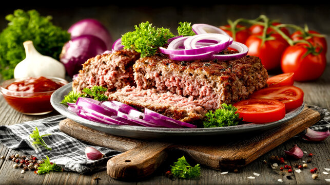 Homemade baked meatloaf sliced on a plate, garnished with red onion and parsley on a rustic wooden board.