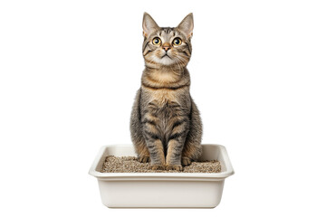 Cat Sitting in Litter Box Isolated on Transparent Background