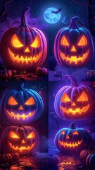 Halloween Night - Glowing Jack-o-Lanterns Under the Moonlight.