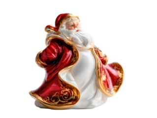White Porcelain Full Santa Figurine with Glossy Red Coat and Gold Accents on Pure White Background , Elegant Refined Holiday Decoration with Polished Details