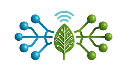 Abstract digital leaf with connected nodes and wireless signal representing smart agriculture technology and data transfer isolated on transparent background