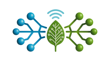 Abstract digital leaf with connected nodes and wireless signal representing smart agriculture technology and data transfer isolated on transparent background