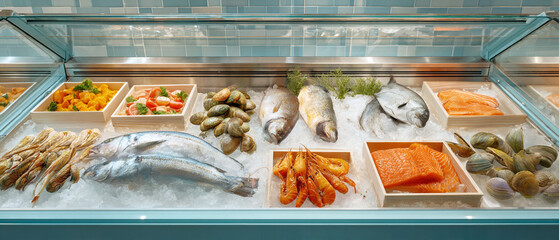 Fresh seafood selection displayed on ice at a local market showcasing various fish and shellfish for sale