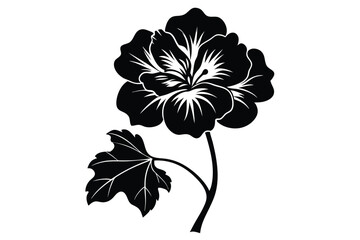 Bold, black blossom illustration displays intricate petal detail with delicate leaf in silhouette
