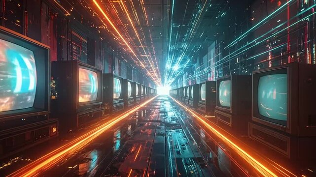 Retro TV Tunnel: Digital Data Stream, Futuristic Technology Concept