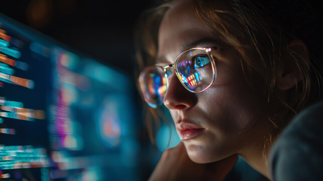 Focused young woman analyzes data on a computer screen in a modern tech environment, showcasing concentration and innovation.