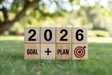 2026 goal plan target success future planning strategy achievement vision wooden blocks grass outdoors focus growth opportunity time.