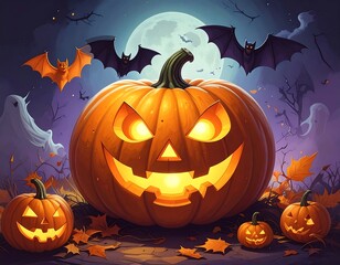 Halloween Night - Jack-o-Lanterns Under the Moonlight with Bats.