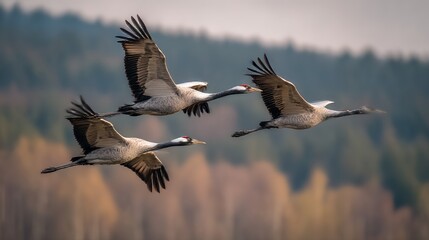 An adult common crane (Grus grus) and its two offspring are seen migrating over Europe. The family of birds soars gracefully in a natural wildlife setting. 