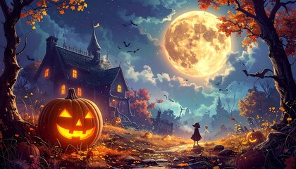 Halloween Night - Spooky House, Pumpkin, and Full Moon.
