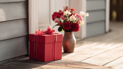 Red gift box with a bow placed on wooden porch beside a vase of colorful flowers, creating a warm and inviting atmosphere for celebrations and special occasions