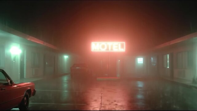 Neon motel sign flickering from red to green in rainy night. Wet pavement reflects glowing lights. Urban exterior scene evoking mystery and solitude.