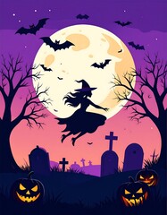 Halloween Night - Witch Flying Over Cemetery with Pumpkins and Bats.