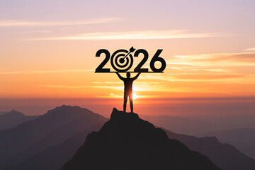 2026 target goal achievement success future planning mountain peak silhouette sunrise sunset ambition challenge new year motivation.