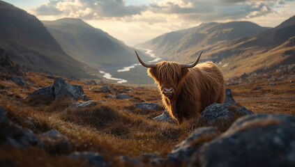 A Highland cow grazing in rugged, mountainous terrain illuminated by the warm golden light of a rising or setting sun