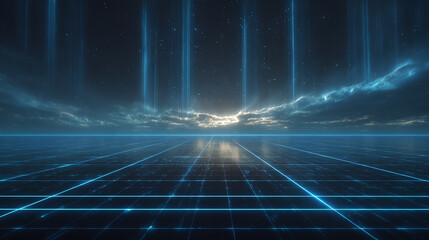 Futuristic digital landscape featuring glowing grids and spatial light beams extending towards the horizon.