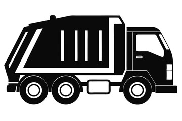An outlined garbage truck with defined details in black and white is visible here