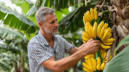 Mature man harvesting ripe bananas in lush tropical plantation, surrounded by vibrant green foliage, showcasing agricultural practices and connection to nature