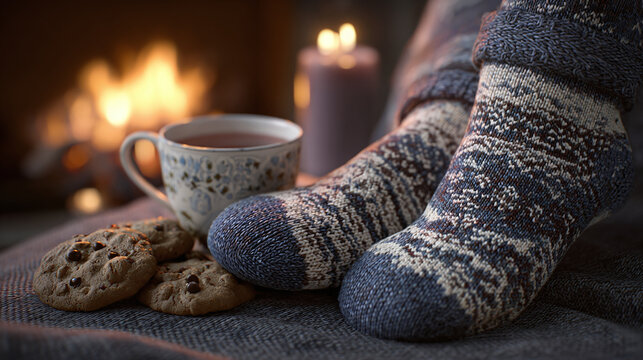 Cozy scene with a cup of tea, cookies, and socks by the fireplace, evoking warmth and comfort