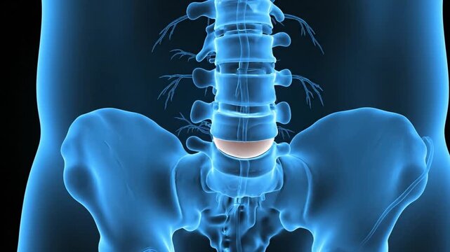 A VFX render of a digitally generated person experiencing acute back pain from a herniated disc, with a schematic visualization of the spine trauma and nerve compression