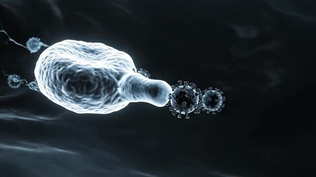 A cinematic 3D animation of a white blood cell hunting and destroying virus particles, showing the human immune system at work.
