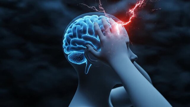 A VFX render of a digitally generated woman experiencing a migraine, with a schematic visualization of the chaotic neurological pain storm inside her brain