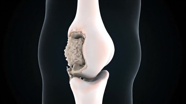 A time-lapse 3D animation of an arthritic hip joint, showing cartilage degradation, bone spurs, and painful inflammation