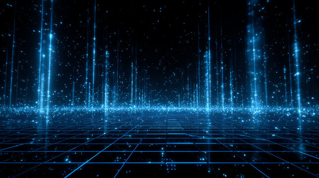 Futuristic digital landscape with glowing blue particles and grid lines creating a sci-fi ambiance.