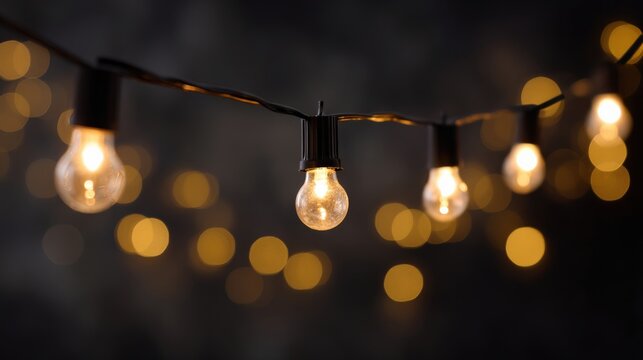 String lights with glowing bulbs create a warm ambiance against a dark background, enhancing the atmosphere for gatherings, celebrations, and cozy evenings with friends and family