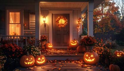 Halloween Porch Display - Illuminated Pumpkins and Festive Wreath.