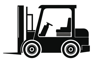 The detailed black silhouette portrays a forklift with cabin, steering wheel and wheels