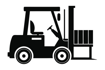 Isolated forklift truck silhouette lifts a pallet; it shows logistics and industrial moving solutions