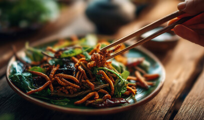 Hand holding chopsticks for alternative food edible insects, ai generated
