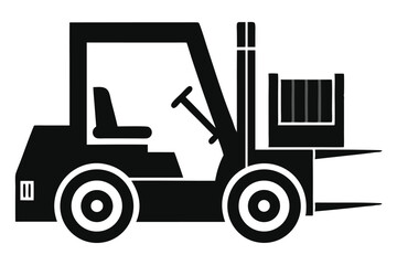 Isolated forklift carries a container in a simple black and white schematic style